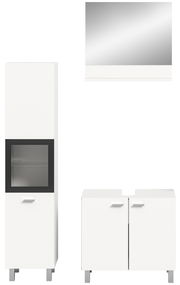 Frontale Ansicht der Badkombination BOSTON von MID.YOU, bestehend aus einem hohen Schrank mit Glaseinsatz, einem Spiegel und einem Unterschrank mit zwei Türen.