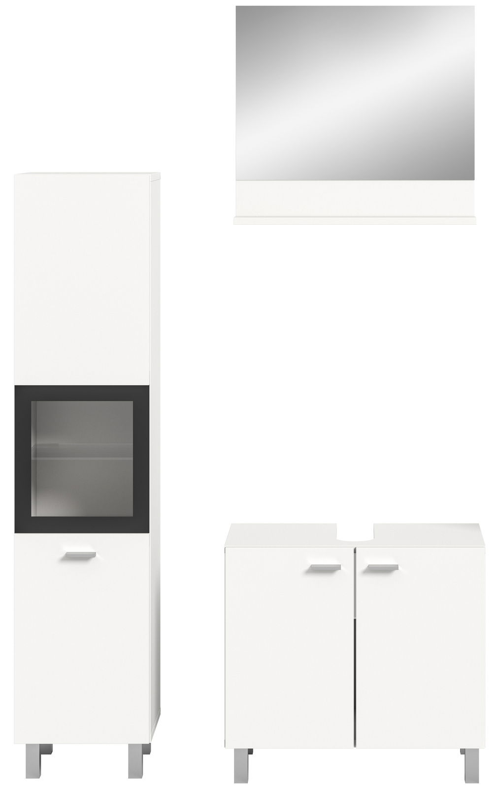 Frontale Ansicht der Badkombination BOSTON von MID.YOU, bestehend aus einem hohen Schrank mit Glaseinsatz, einem Spiegel und einem Unterschrank mit zwei Türen.