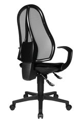 Schwarzer Drehstuhl mit Netzrückenlehne, seitliche Perspektive