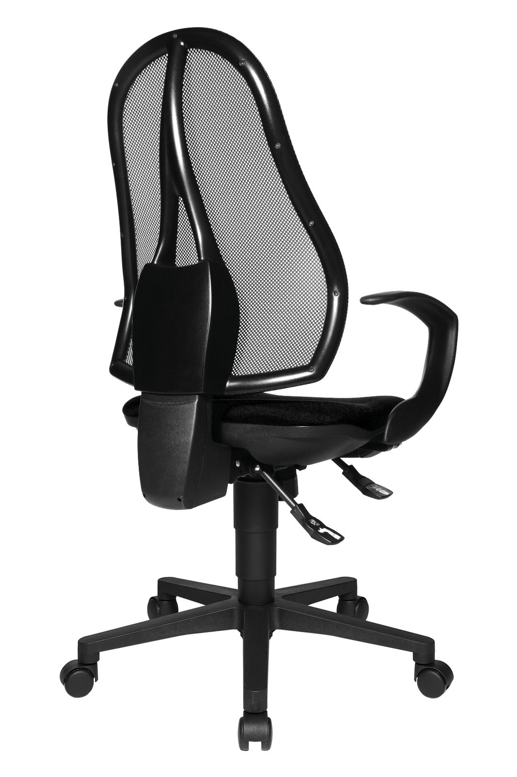 Schwarzer Drehstuhl mit Netzrückenlehne, seitliche Perspektive