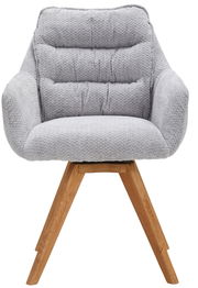 Grauer Armlehnstuhl mit gepolsterter Sitzfläche und Rückenlehne, Holzbeine, Frontalansicht