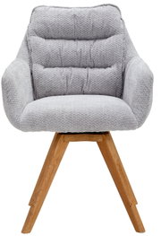Grijze fauteuil met gestoffeerde zitting en rugleuning, houten poten, vooraanzicht