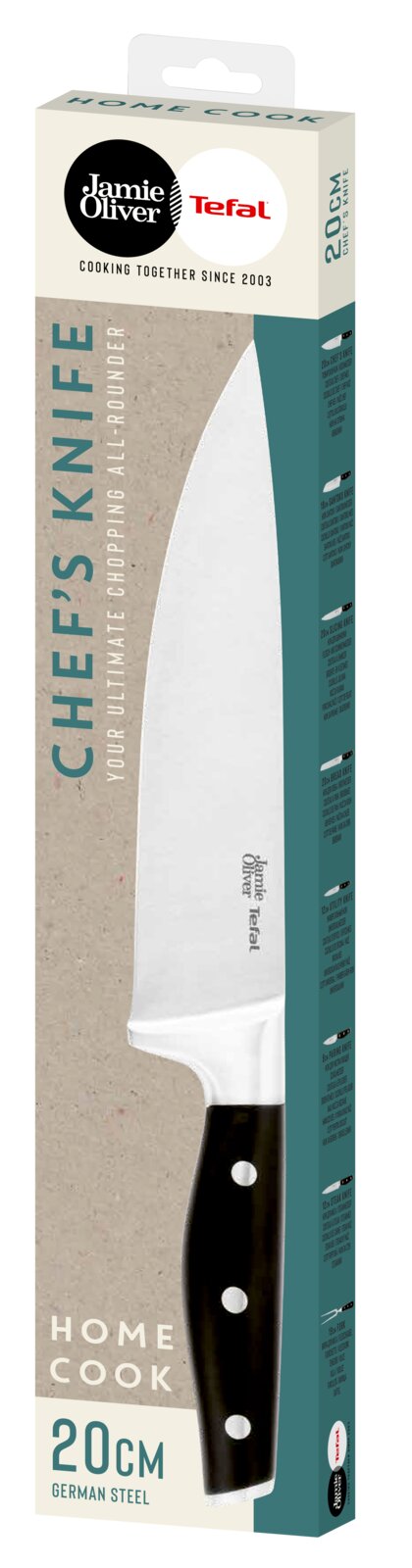 Verpacktes Jamie Oliver by Tefal Chefmesser (20 cm) aus deutschem Stahl mit schwarzem Griff, frontale Produktansicht der Verpackung