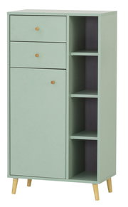Grünes Highboard mit zwei Schubladen und einem Schrankfach links, sowie offenen Regalfächern rechts, auf schrägen Holzbeinen. Frontale Perspektive.