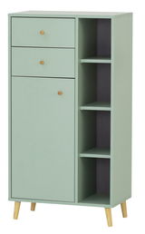 Grünes Highboard mit zwei Schubladen und einem Schrankfach links, sowie offenen Regalfächern rechts, auf schrägen Holzbeinen. Frontale Perspektive.