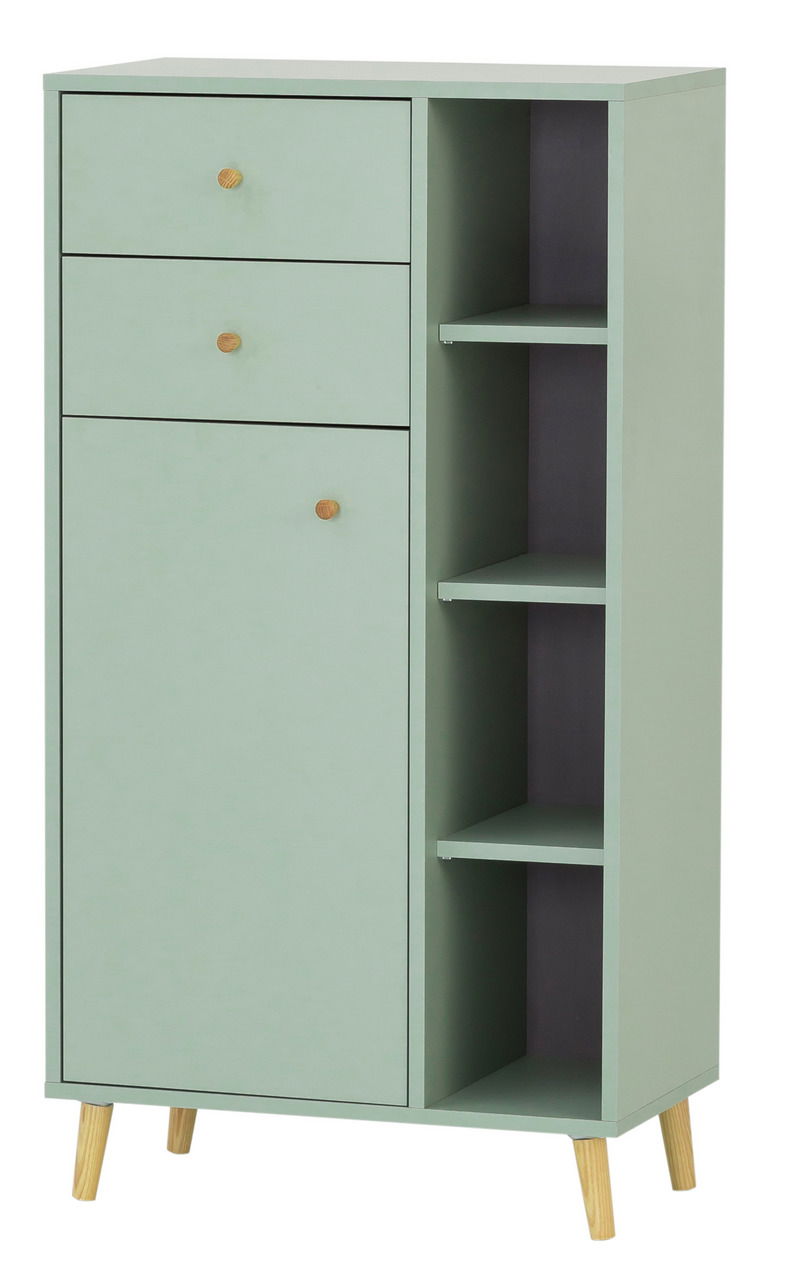 Grünes Highboard mit zwei Schubladen und einem Schrankfach links, sowie offenen Regalfächern rechts, auf schrägen Holzbeinen. Frontale Perspektive.