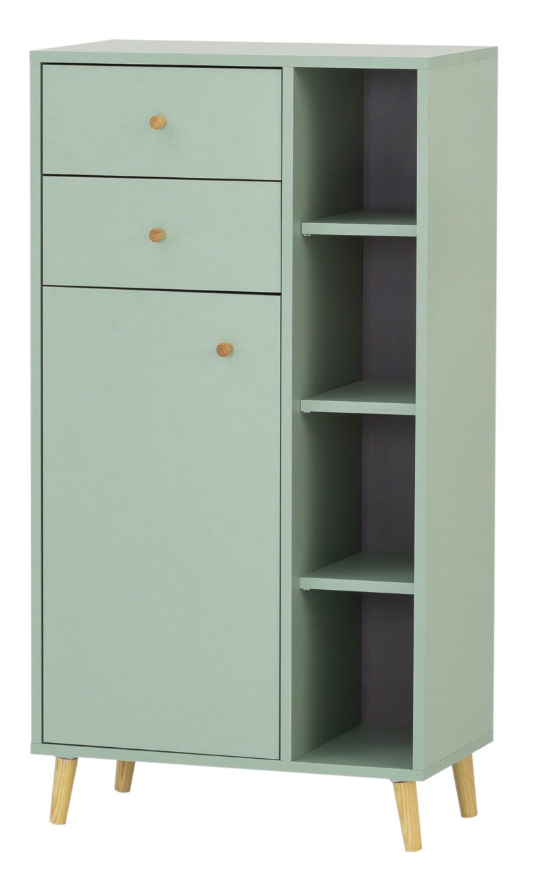 Stylife Highboard BJARNE Grünes Highboard mit zwei Schubladen und einem Schrankfach links, sowie offenen Regalfächern rechts, auf schrägen Holzbeinen. Frontale Perspektive.