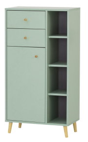 Grünes Highboard mit zwei Schubladen und einem Schrankfach links, sowie offenen Regalfächern rechts, auf schrägen Holzbeinen. Frontale Perspektive.