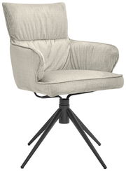 Grauer Armlehnstuhl mit gepolstertem Sitz und Rückenlehne, auf schwarzem Metallgestell mit vier Beinen, seitliche Perspektive