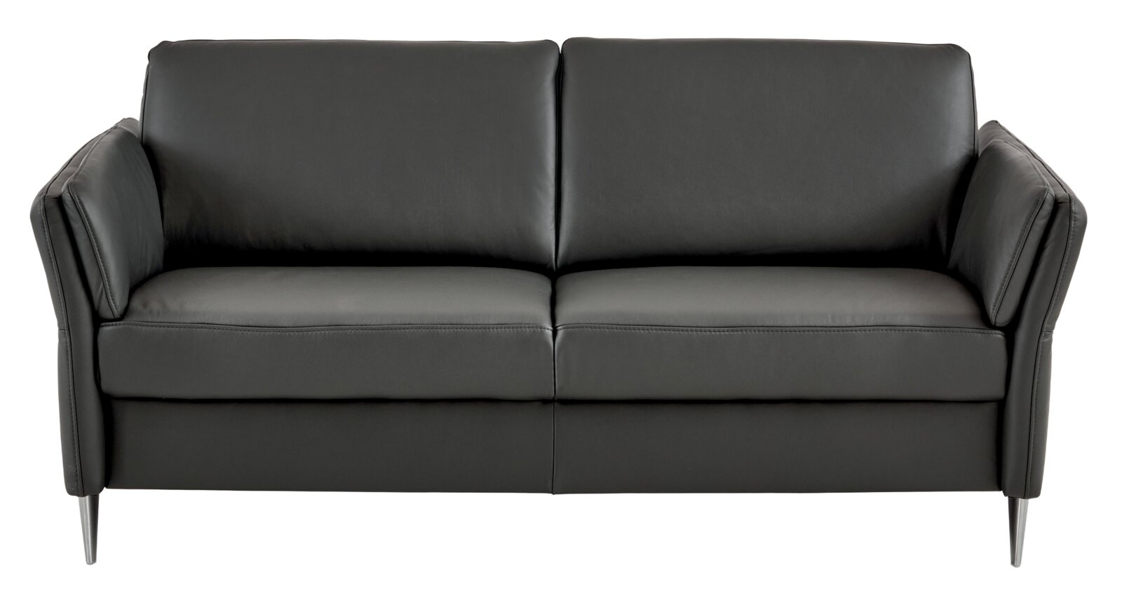 Dunkelgraues 2-Sitzer-Sofa mit Lederoptik, gepolsterten Armlehnen und Metallfüßen, freigestellt auf weißem Hintergrund, Frontansicht.