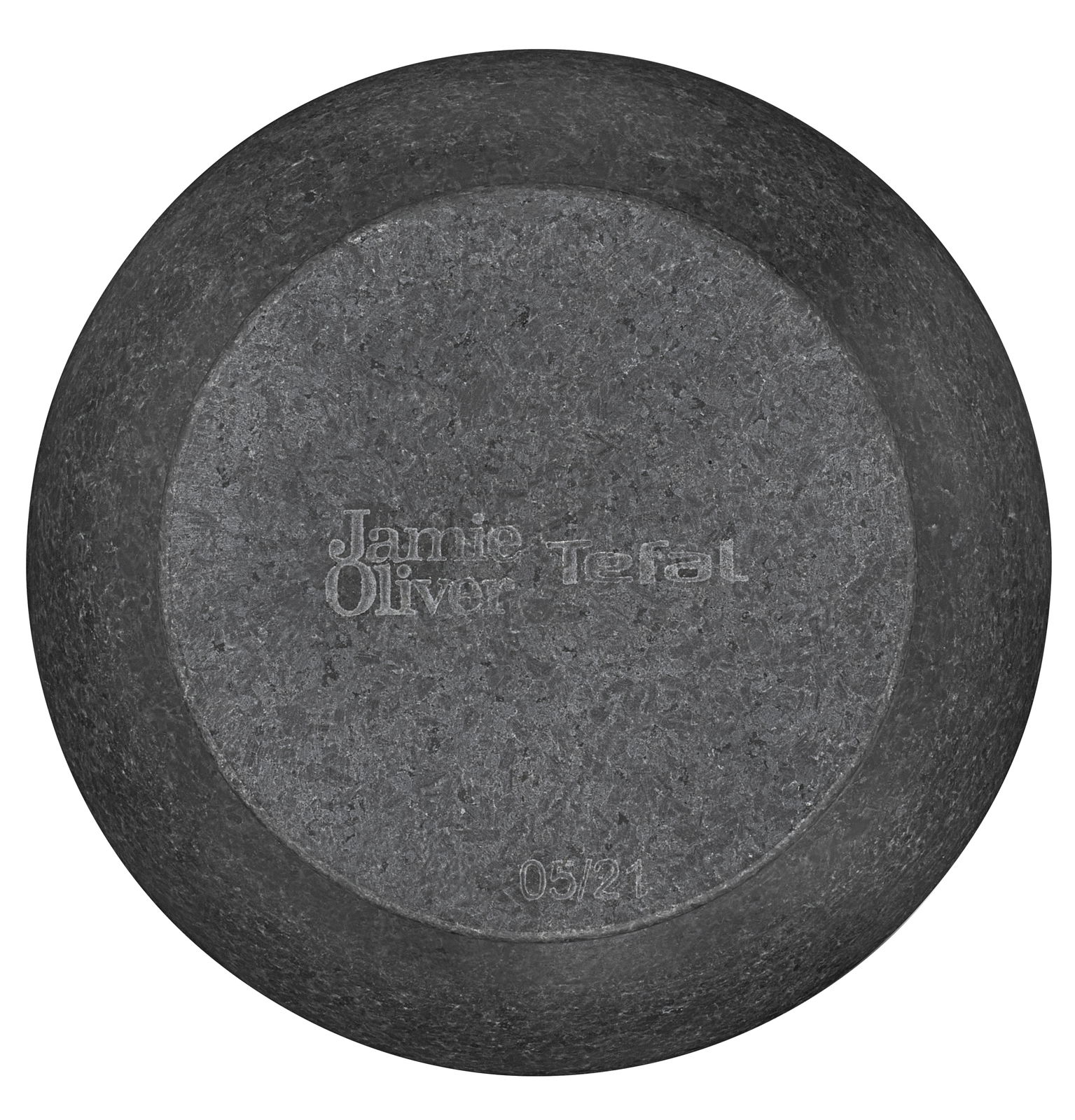 Ansicht von oben auf einen grauen Mörser mit der Aufschrift 'Jamie Oliver Tefal'.