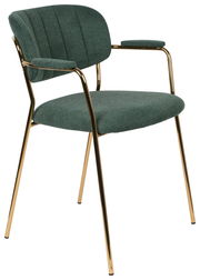 Grüner Armlehnenstuhl mit goldenen Metallbeinen, seitliche Perspektive