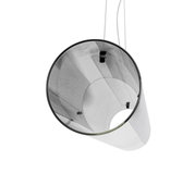 Moderne LED-Hängeleuchte aus Glas, von unten betrachtet, mit zylindrischem Design und transparentem Schirm.