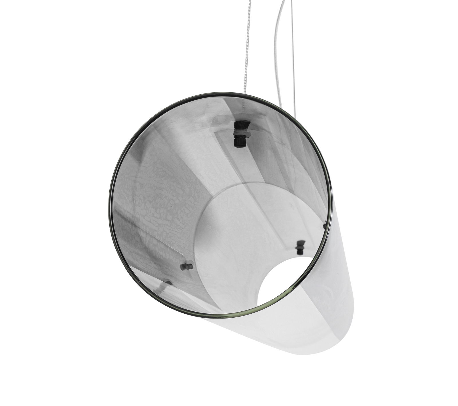 Moderne LED-Hängeleuchte aus Glas, von unten betrachtet, mit zylindrischem Design und transparentem Schirm.