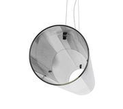 Moderne LED-Hängeleuchte aus Glas, von unten betrachtet, mit zylindrischem Design und transparentem Schirm.