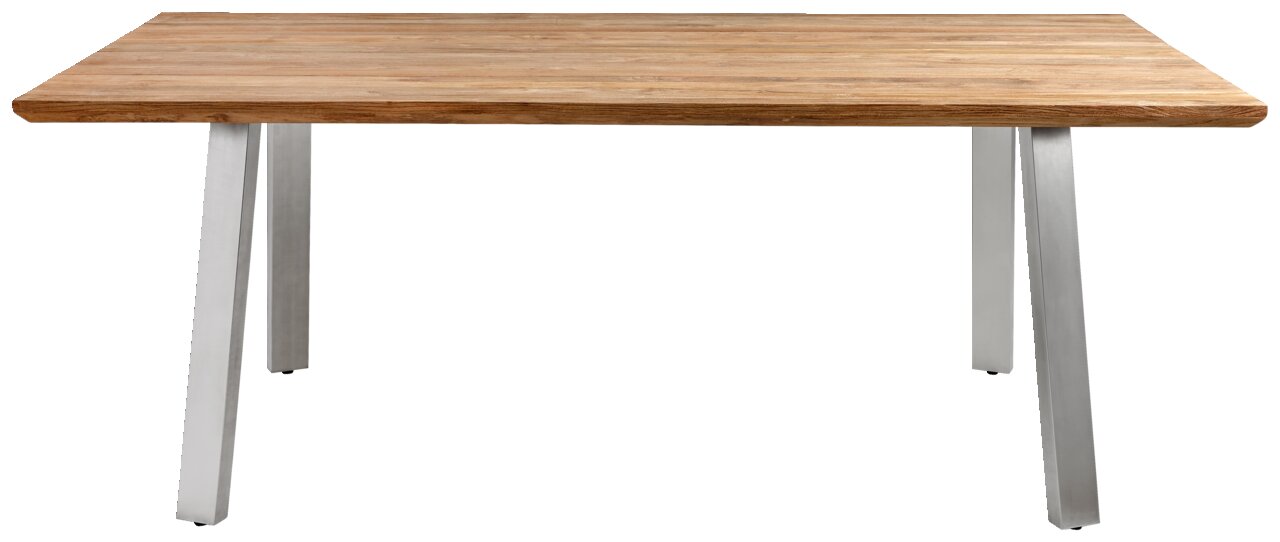 Moderner Gartentisch mit Holzplatte und Metallbeinen, Frontalansicht