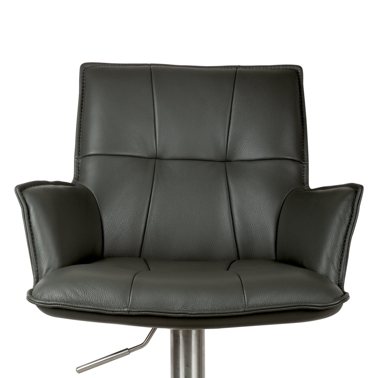 Novel Barhocker OSAKA Schwarzer, gepolsterter Drehstuhl mit Armlehnen und Steppnähten auf Metallfuß, frontal aus der Vorderansicht freigestellt auf weißem Hintergrund