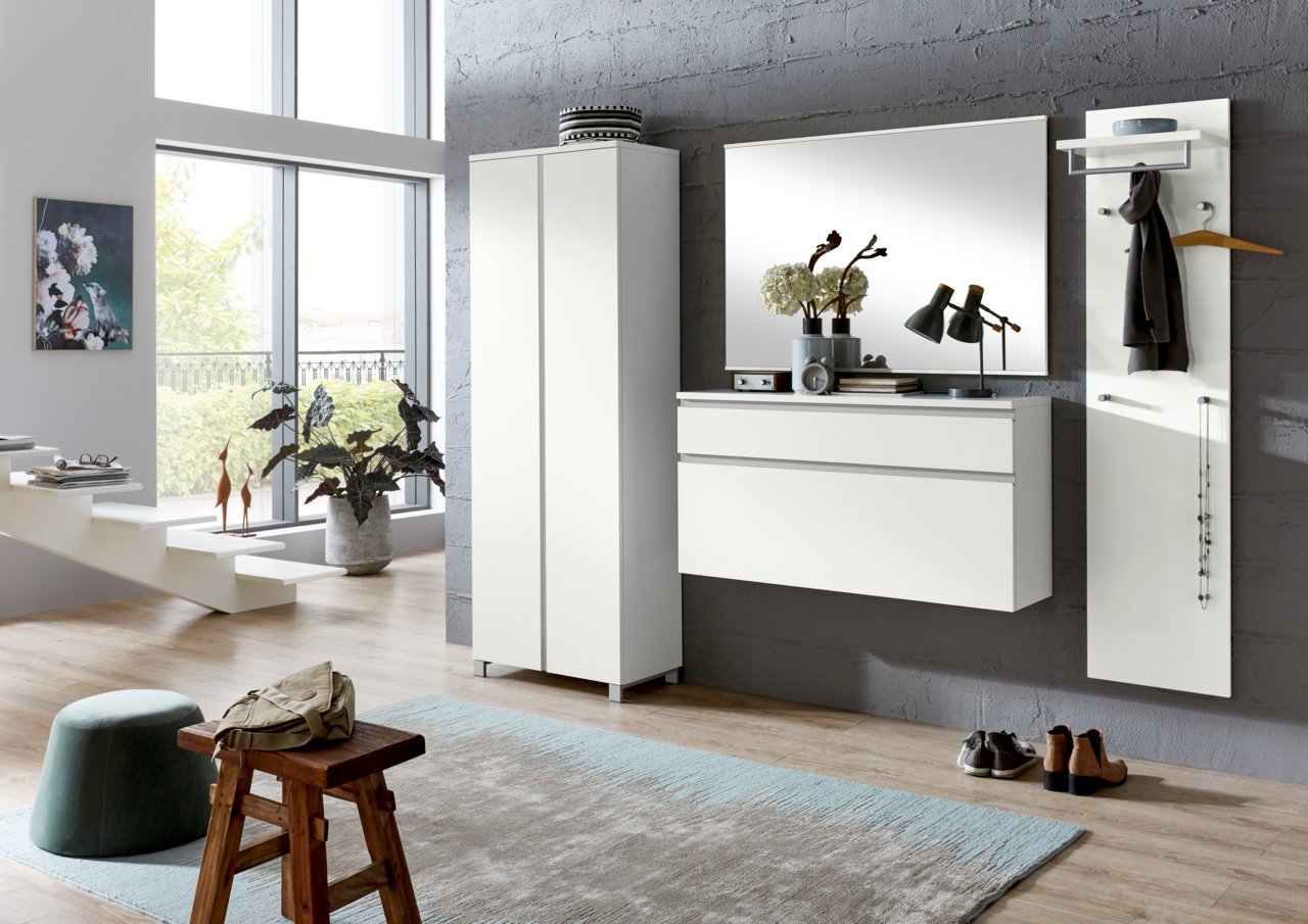 VOSS Garderobenschrank SALEA Moderne Garderobeneinrichtung mit weißem Schrank, Spiegel und Paneel, seitliche Perspektive