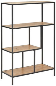 Halbhohes Regal mit drei Holzböden und schwarzem Metallrahmen, seitliche Perspektive