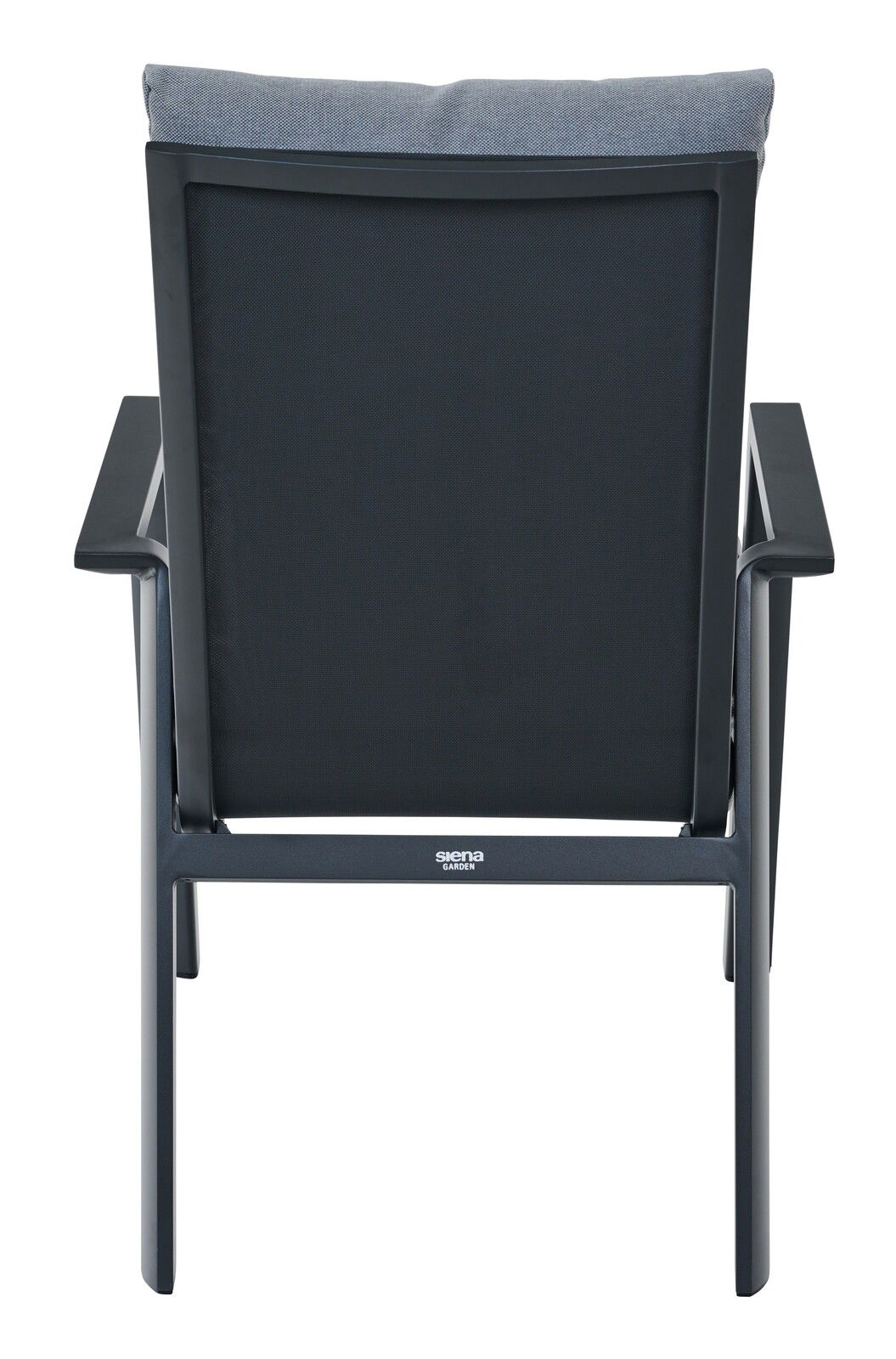 Rückansicht eines Comfort Plus Stapelsessels mit schwarzem Rahmen und grauem Kissen.