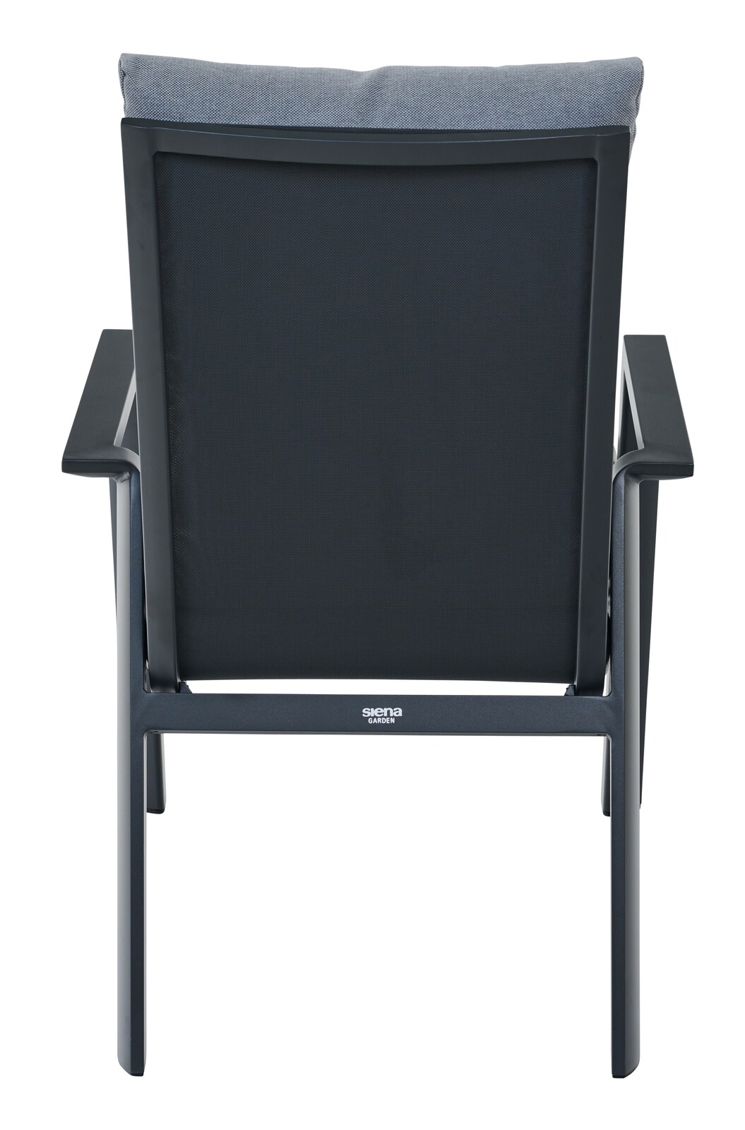 Rückansicht eines Comfort Plus Stapelsessels mit schwarzem Rahmen und grauem Kissen.