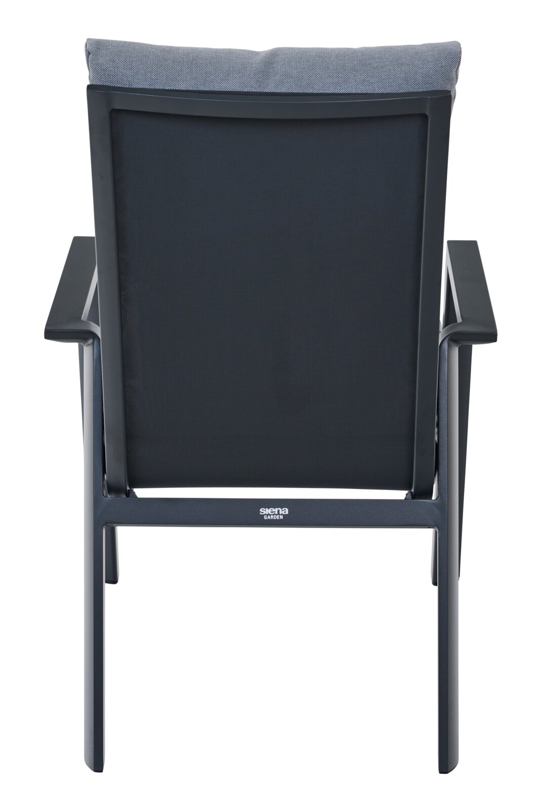 Achterkant van een Comfort Plus stapelstoel met zwart frame en grijs kussen.