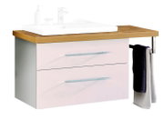 Modernes Bad-Waschtisch-Set mit weißem Unterschrank (2 Schubladen, Metallgriffe), Holzplatte und Aufsatzwaschbecken, rechts Handtuchhalter; Ansicht schräg von vorn