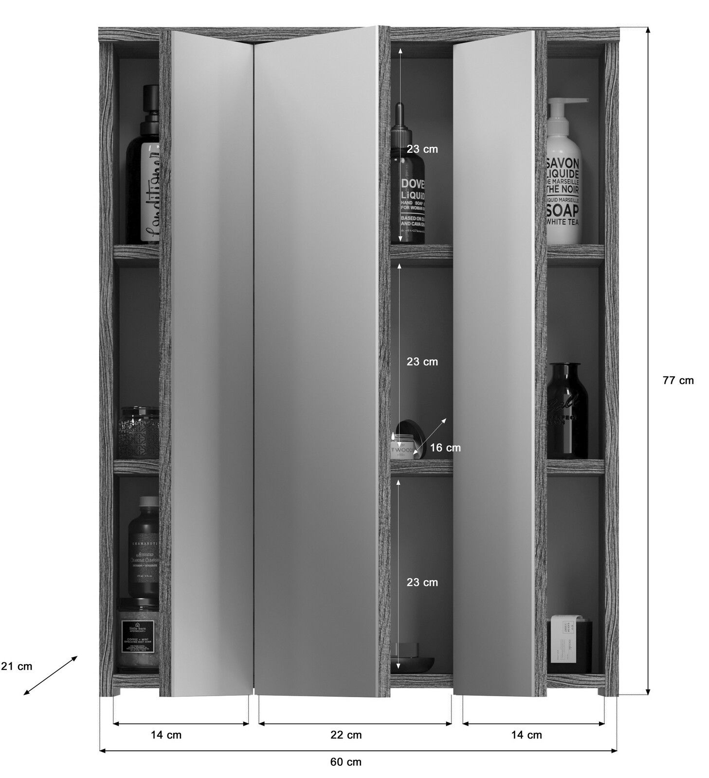 Spiegelschrank mit Beleuchtung, Frontansicht, mit offenen Türen und sichtbaren Regalen, Maße 77 cm hoch, 60 cm breit, 21 cm tief.