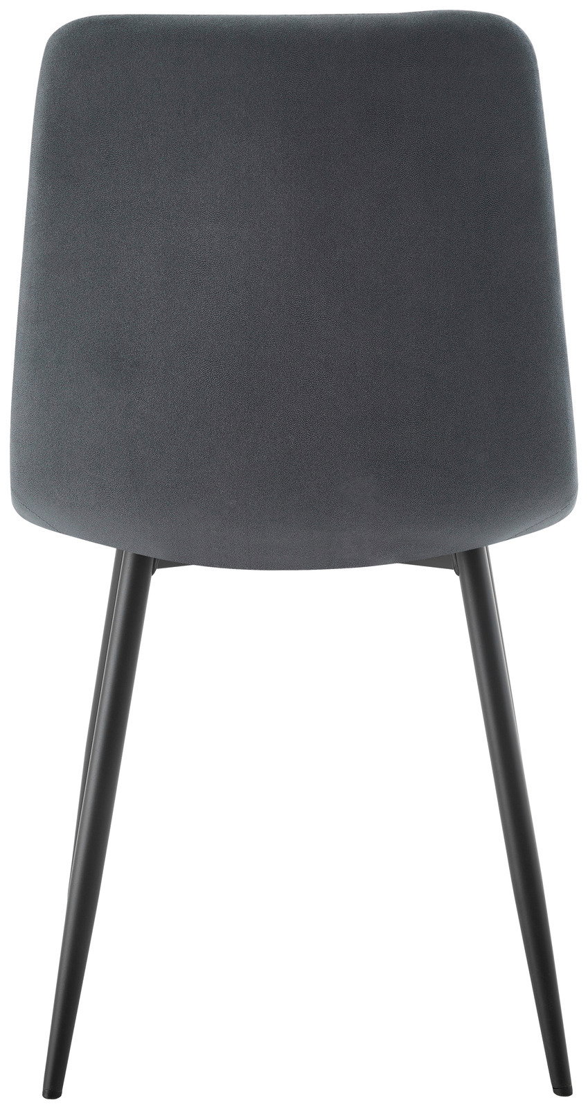 Rückansicht eines modernen, dunkelgrauen Stuhls mit schlanken, schwarzen Beinen.