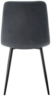 Rückansicht eines modernen, dunkelgrauen Stuhls mit schlanken, schwarzen Beinen.