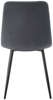 Rückansicht eines modernen, dunkelgrauen Stuhls mit schlanken, schwarzen Beinen.