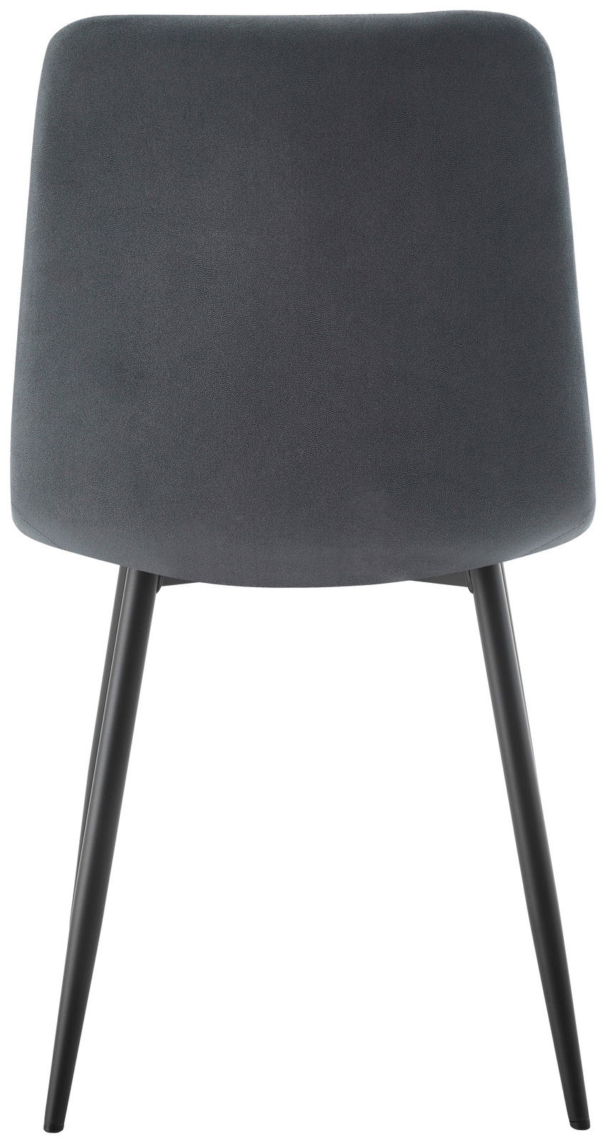 Rückansicht eines modernen, dunkelgrauen Stuhls mit schlanken, schwarzen Beinen.
