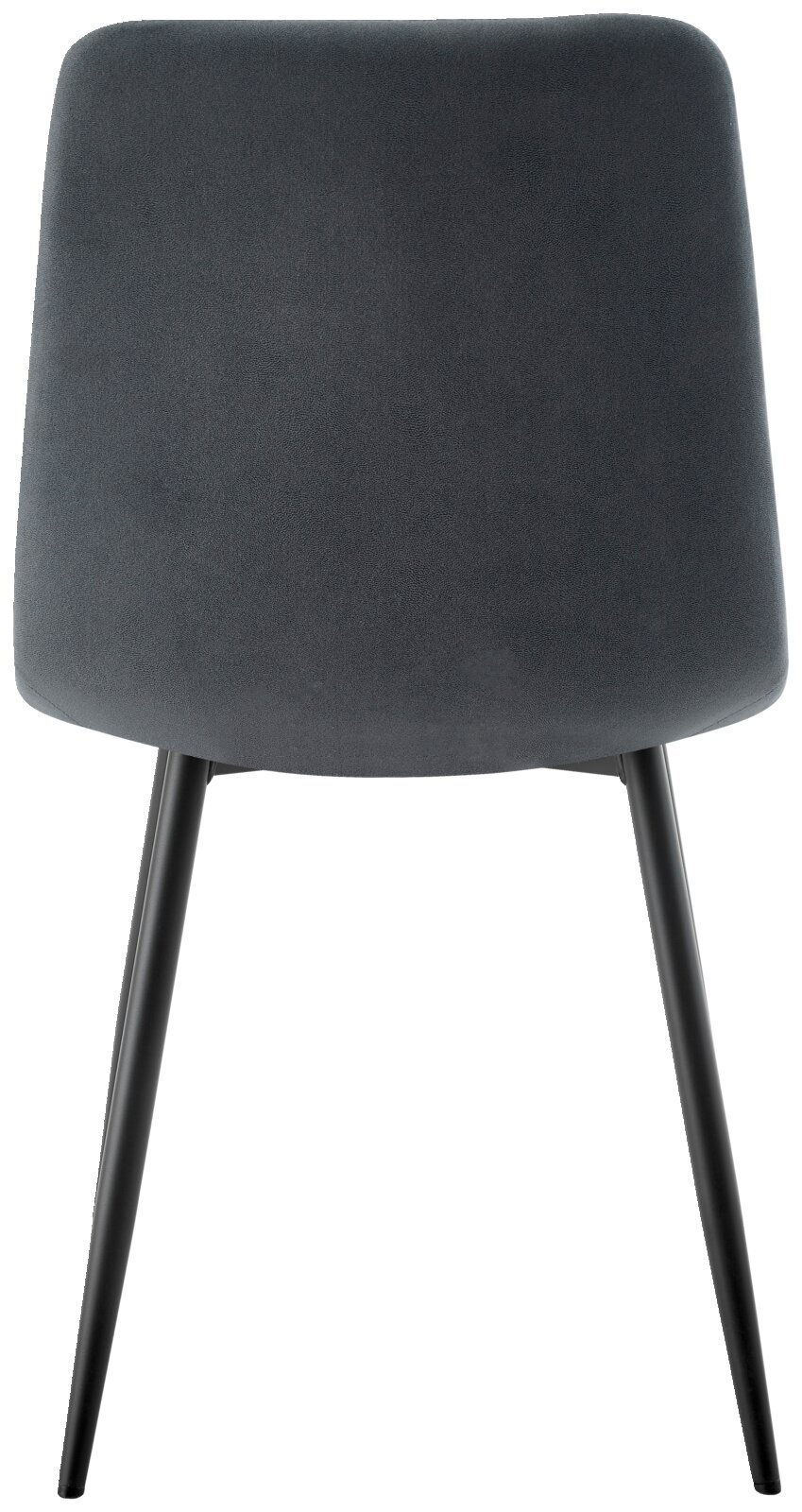 Achterkant van een moderne, donkergrijze stoel met slanke, zwarte poten.