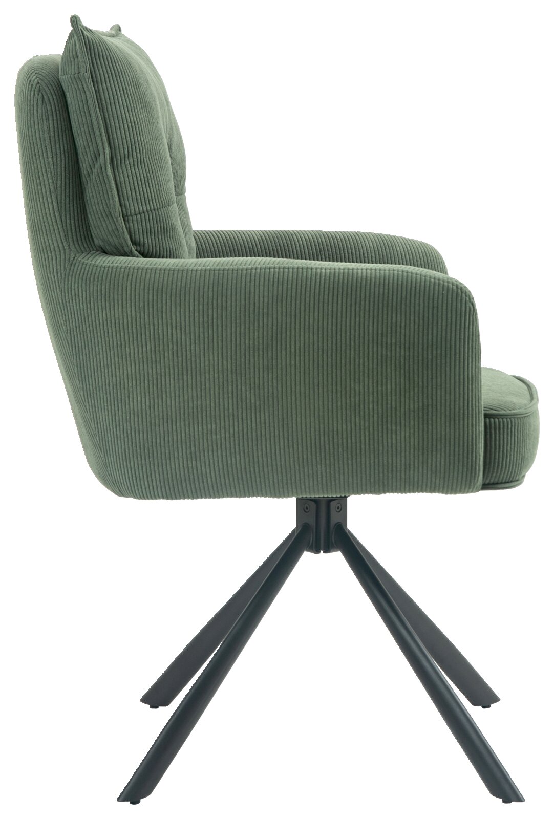 Groene fauteuil van corduroy met een zwart metalen frame, zijaanzicht