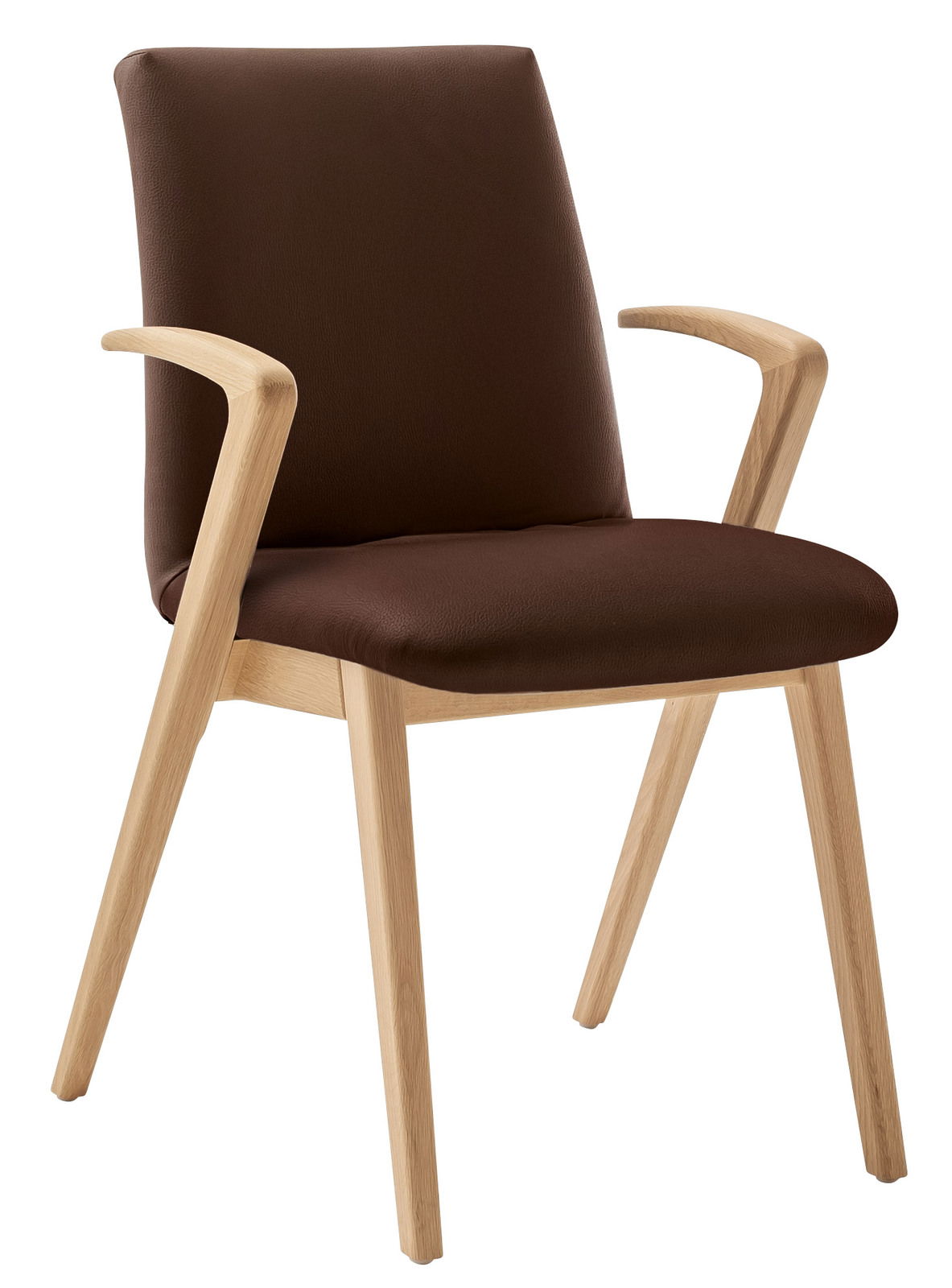 Brauner Armlehnstuhl mit Holzbeinen, seitliche Perspektive