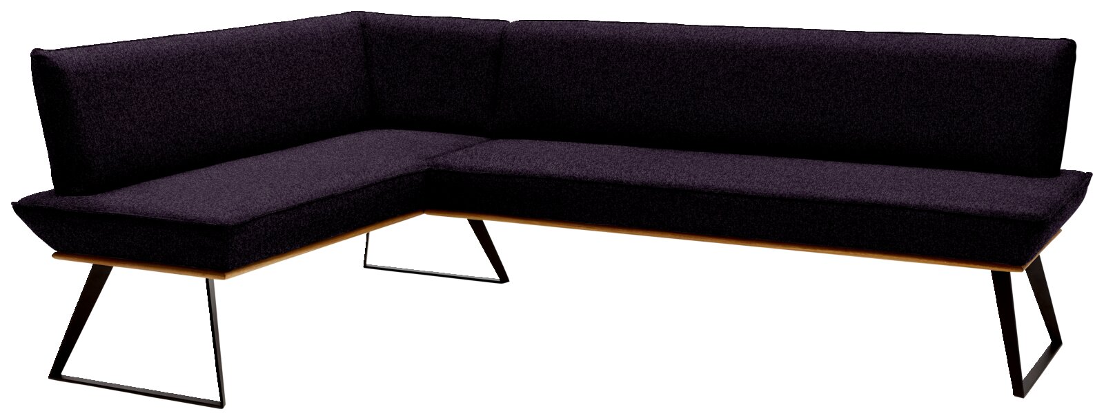 Moderne hoekbank met donkere stoffen bekleding en metalen poten, gezien van rechts vooraan