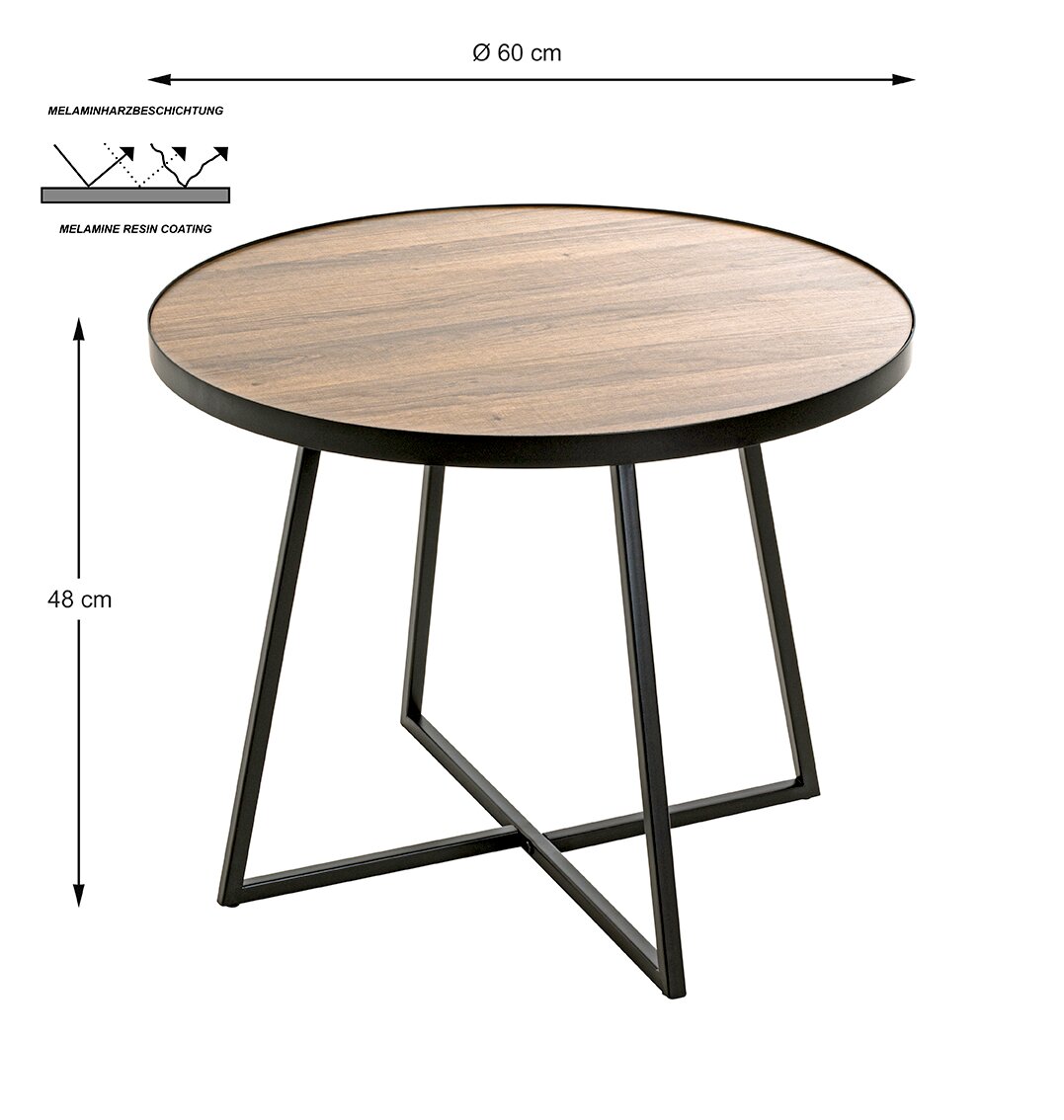 Runder Beistelltisch/Couchtisch mit Holzoptik-Tischplatte (Melaminharzbeschichtung) und schwarzem Metallgestell, Ø 60 cm und 48 cm hoch, in schräger Vorderansicht freigestellt auf weißem Hintergrund.