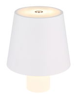 Weiße Akku-Aufsatzleuchte VANNIE, frontal abgebildet mit leuchtendem Schirm und sichtbarem Ein-/Ausschalter oben.