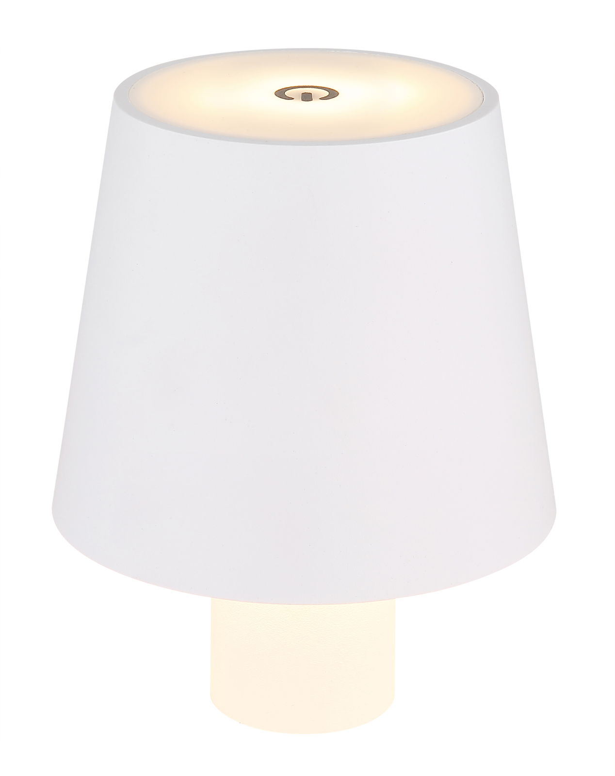 Weiße Akku-Aufsatzleuchte VANNIE, frontal abgebildet mit leuchtendem Schirm und sichtbarem Ein-/Ausschalter oben.