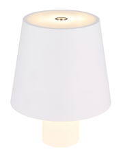 Weiße Akku-Aufsatzleuchte VANNIE, frontal abgebildet mit leuchtendem Schirm und sichtbarem Ein-/Ausschalter oben.