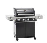 BBQ-Station Videro G4-S, Vorderansicht, mit vier Drehknöpfen und seitlichen Ablagen, silber-schwarz