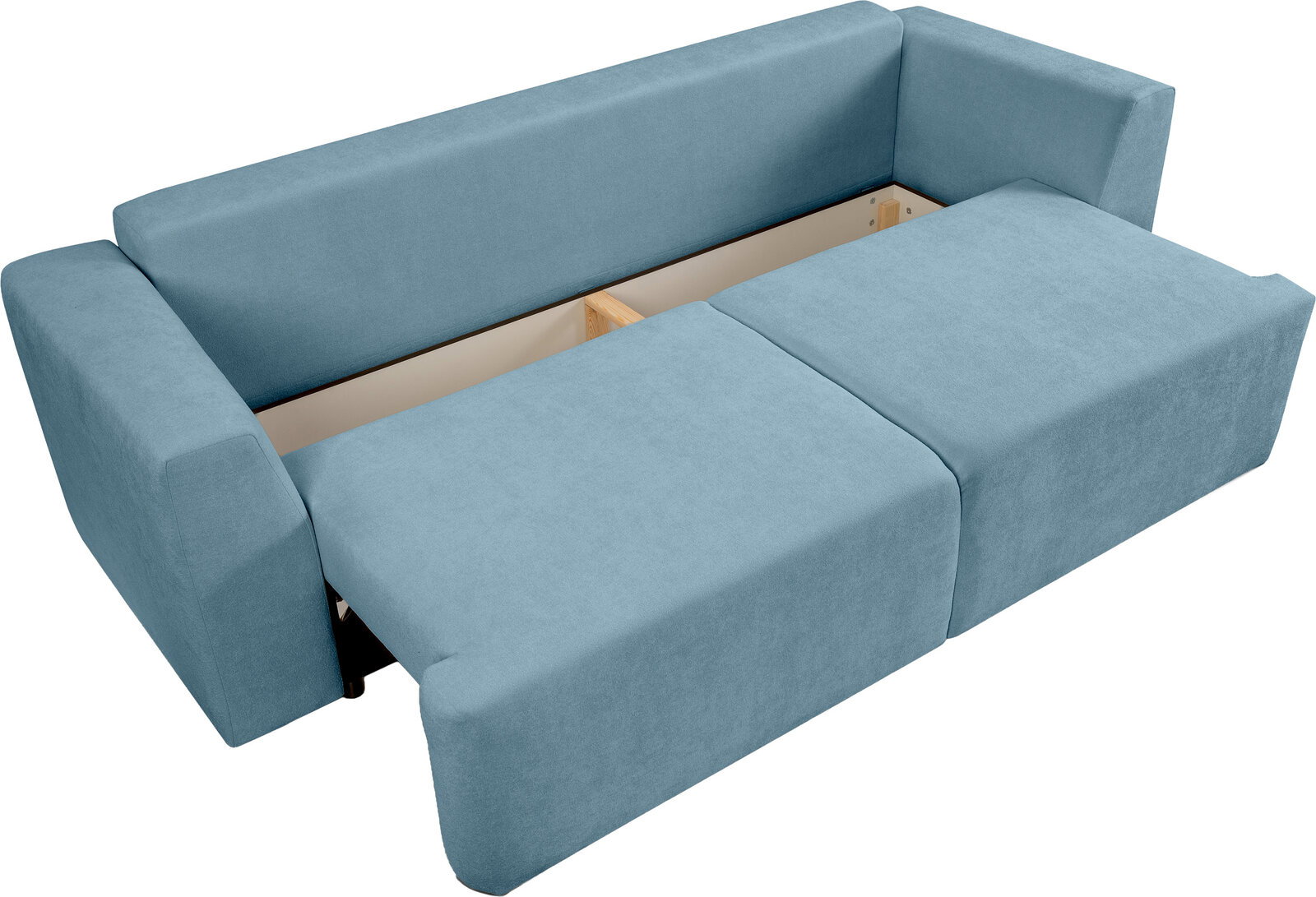 Ausziehbares Schlafsofa in Hellblau mit ausgeklappter Liegefläche, Ansicht schräg von oben (3/4-Perspektive)