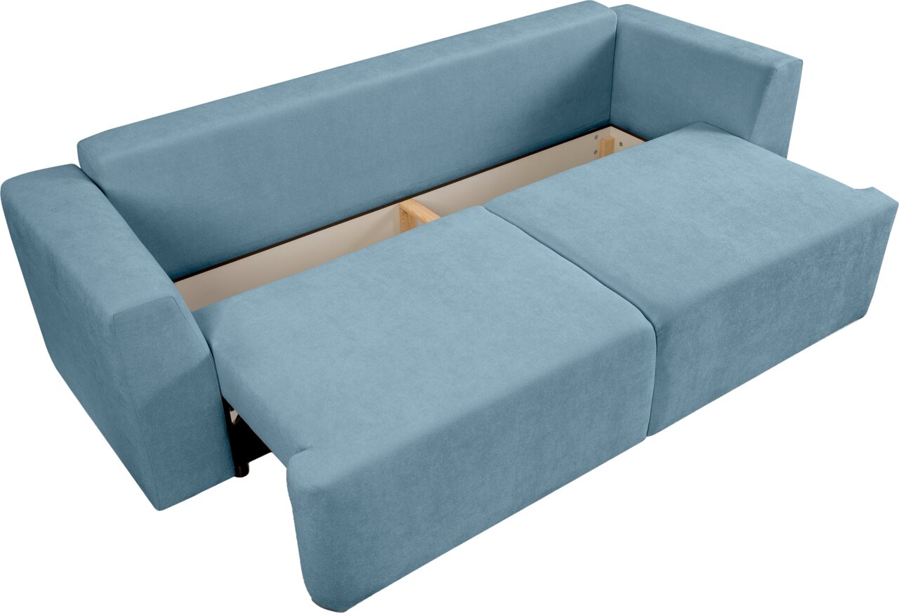 Ausziehbares Schlafsofa in Hellblau mit ausgeklappter Liegefläche, Ansicht schräg von oben (3/4-Perspektive)