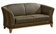 Grünes 2,5-Sitzer-Sofa mit geschwungenen Armlehnen und Holzfüßen, Vorderansicht