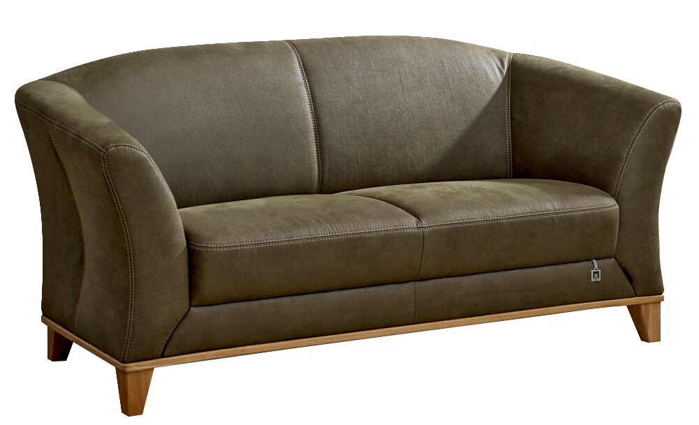 Grünes 2,5-Sitzer-Sofa mit geschwungenen Armlehnen und Holzfüßen, Vorderansicht