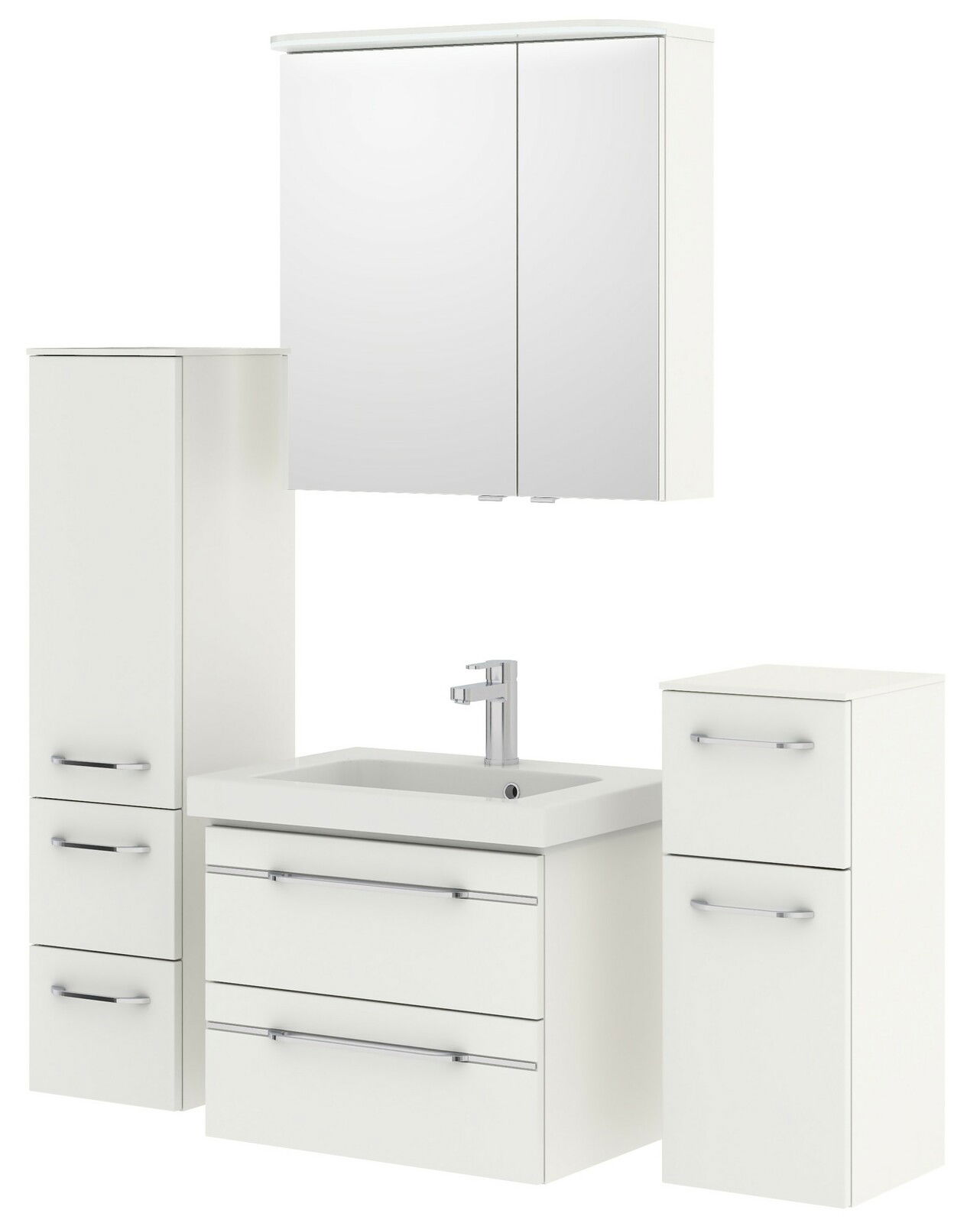 Pelipal Badblok BALTO SPRINT Badezimmermöbel-Set in Weiß mit Spiegelschrank, Waschbeckenunterschrank und zwei Hochschränken, frontale Ansicht