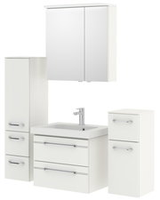 Badezimmermöbel-Set in Weiß mit Spiegelschrank, Waschbeckenunterschrank und zwei Hochschränken, frontale Ansicht