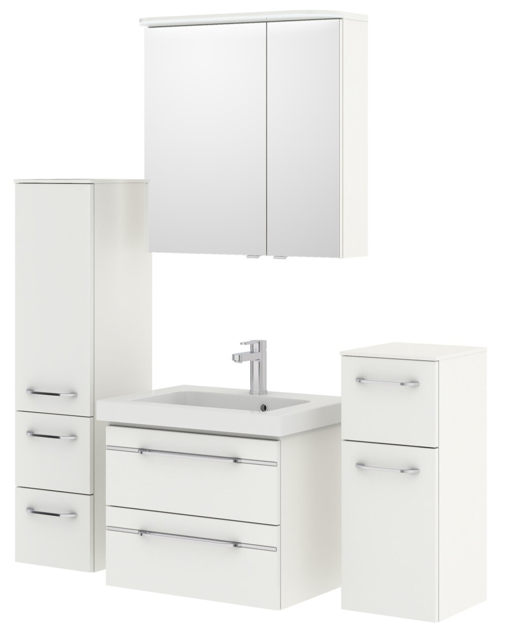 Badezimmermöbel-Set in Weiß mit Spiegelschrank, Waschbeckenunterschrank und zwei Hochschränken, frontale Ansicht