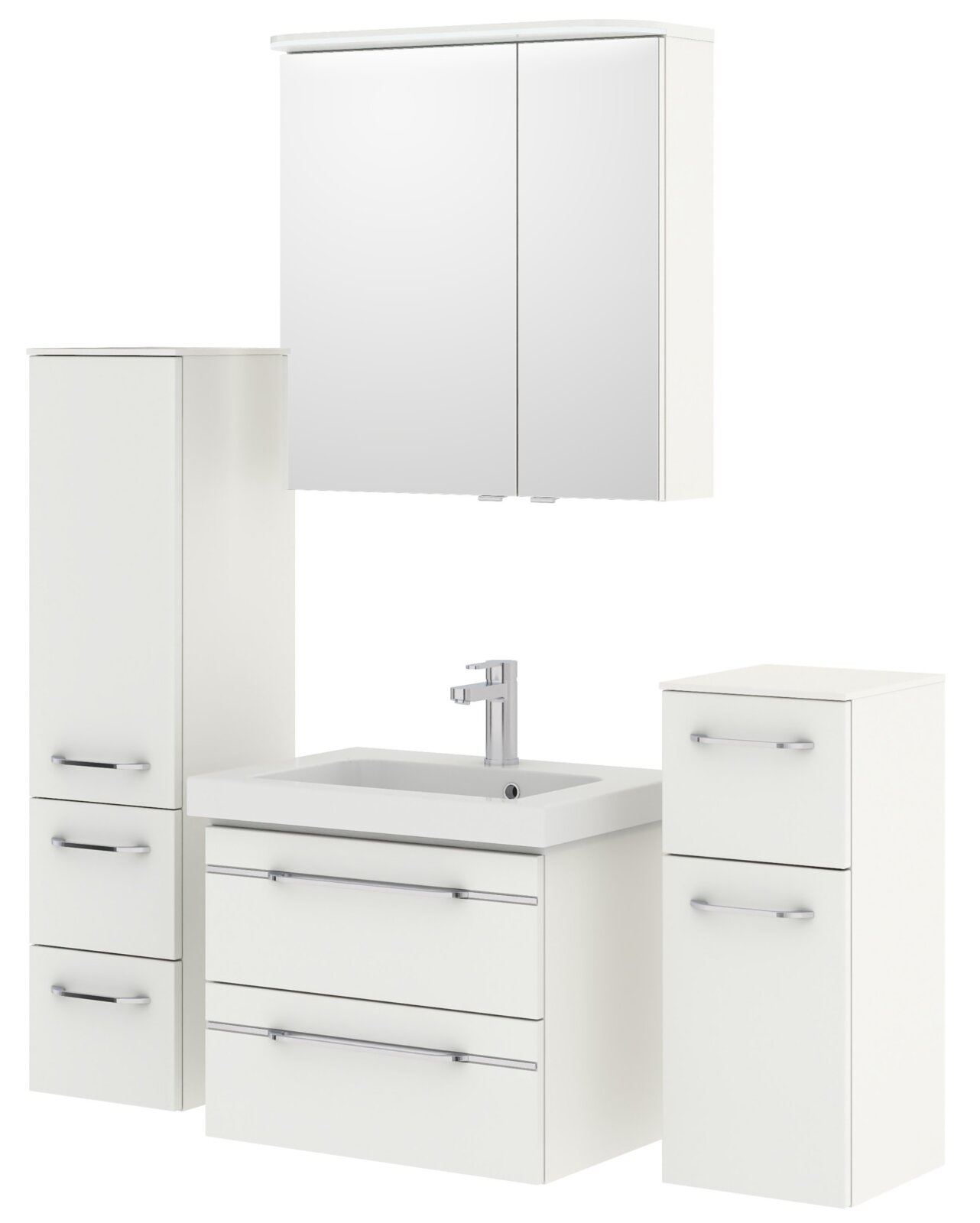 Badezimmermöbel-Set in Weiß mit Spiegelschrank, Waschbeckenunterschrank und zwei Hochschränken, frontale Ansicht