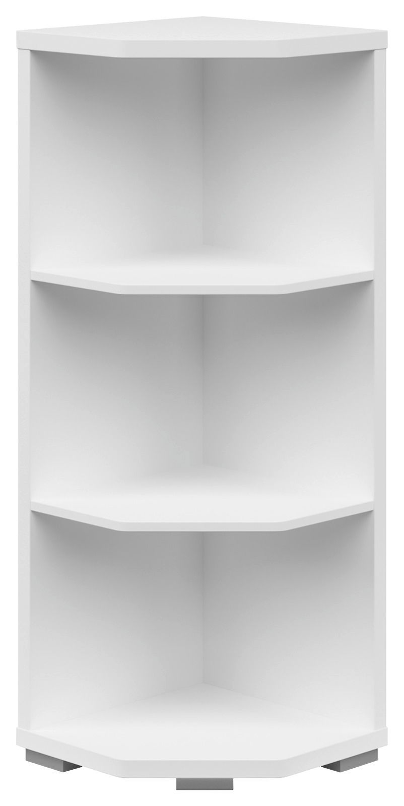 Weißes Eckregal mit drei offenen Fächern, frontal betrachtet